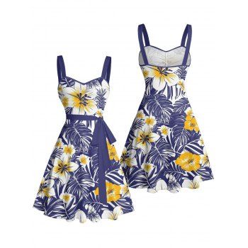Allover Tropical Leaf Hibiscus Floral Pattern Ruched Bust Vacation Dress Sweetheart Neck Belt A Line Mini Dress