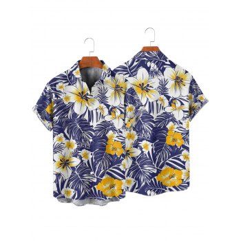 Vacation Couple Outfit Allover Tropical Leaf Hibiscus Floral Pattern Ruched Bust Belt A Line Mini Dress and Roll Up Sleeve Shirt Casual Matching Outfit