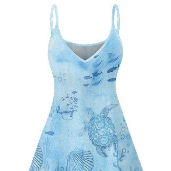 Ocean Elements Sea Turtle Shell Fish Coral Pattern Vacation Dress Spaghetti Strap V Neck A Line Mini Tank Dress