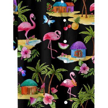 Men's Allover Flamingo Leaf Pattern Vacation Shirt Roll Up Short Sleeve Button Up Casual Shirt