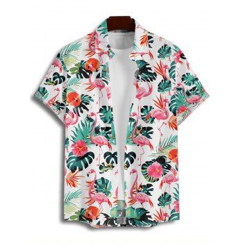 Vacation Couple Outfit Allover Flamingo Leaf Pattern Spaghetti Strap V Neck A Line Mini Tank Dress and Roll Up Sleeve Shirt Casual Matching Outfit