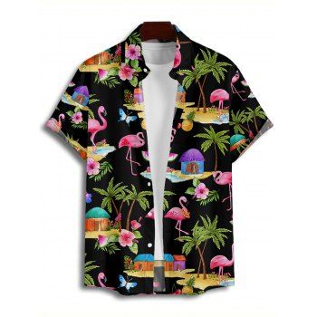 Vacation Couple Outfit Allover Flamingo Leaf Pattern Spaghetti Strap V Neck A Line Mini Tank Dress and Roll Up Sleeve Shirt Casual Matching Outfit
