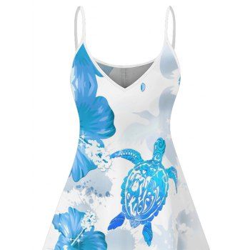 Hibiscus Floral Sea Turtle Pattern Vacation Dress Spaghetti Strap V Neck A Line Mini Tank Dress