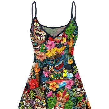 Allover Hibiscus Floral Tribal Pattern Vacation Dress Spaghetti Strap V Neck A Line Mini Ethnic Tank Dress
