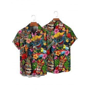 Vacation Couple Outfit Allover Hibiscus Floral Tribal Pattern Spaghetti Strap V Neck A Line Mini Tank Dress and Roll Up Sleeve Shirt Ethnic Matching Outfit