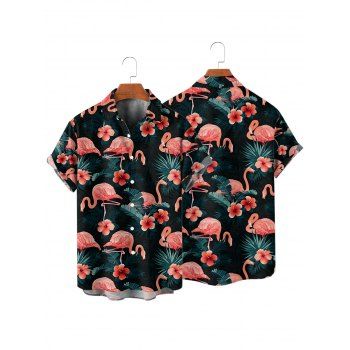 Men's Allover Hibiscus Floral Flamingo Pattern Vacation Shirt Roll Up Short Sleeve Button Up Casual Shirt