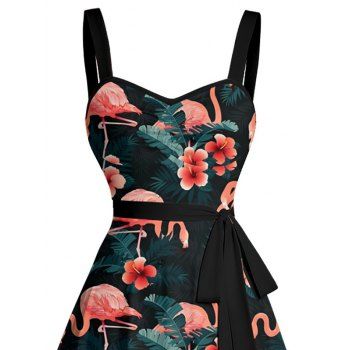 Allover Hibiscus Floral Flamingo Pattern Vacation Dress Ruched Bust Belt Sweetheart Neck A Line Mini Casual Dress