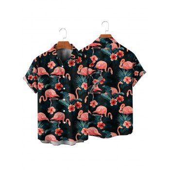 Vacation Couple Outfit Allover Hibiscus Floral Flamingo Pattern Ruched Bust Belt Sweetheart Neck A Line Mini Dress and Roll Up Sleeve Shirt Casual Matching Outfit