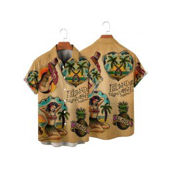 Vintage Couple Outfit Guitar Fruit Coconut Tree Heart Letter Pattern Ruched Bust Belt Sweetheart Neck A Line Mini Dress and Roll Up Sleeve Shirt Vacation Matching Outfit