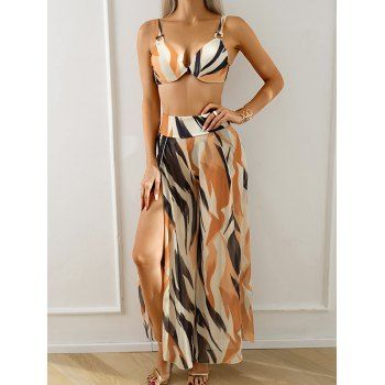 Textured Printed Dual Strap Push Up Underwire Bowknot Swim Top High Cut Briefs See Through Slit Pants Beach Swimsuit Vacation Three Piece Swimwear
