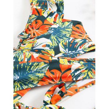 Tropical Floral Leaf Pattern Crossover Ruffle Bowknot Beach Tankini Swimsuit Tummy Control Ruched High Waisted Briefs Vacation Two Piece Swimwear
