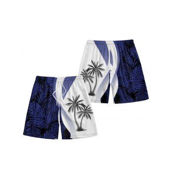 Colorblock Coconut Tree Print V Neck A Line Dress and Short Sleeve Shirt Drawstrings Shorts Vocation Outift