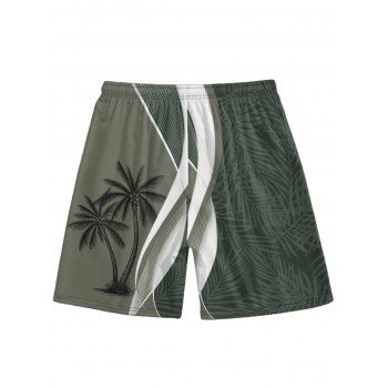 Colorblock Coconut Tree Print V Neck A Line Dress and Short Sleeve Shirt Drawstrings Shorts Vocation Outift
