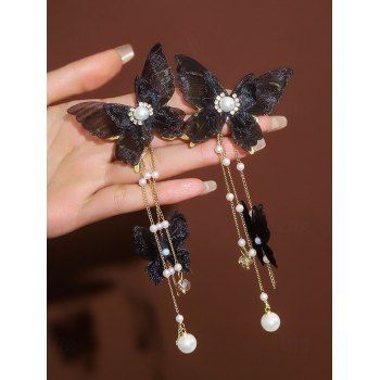 Butterfly Lace See Thru Rhinestone Faux Pearl Tassel Elegance Alloy Drop Earrings