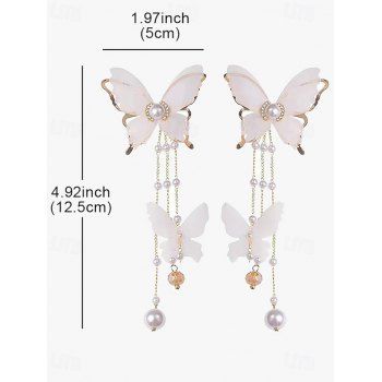 Butterfly Lace See Thru Rhinestone Faux Pearl Tassel Elegance Alloy Drop Earrings