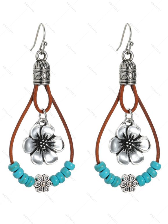 Boucles D'Oreilles Pendantes en Alliage Motif Floral et Turquoise Fantaisie à Sculpture Creuse Style Vintage - multicolor A 