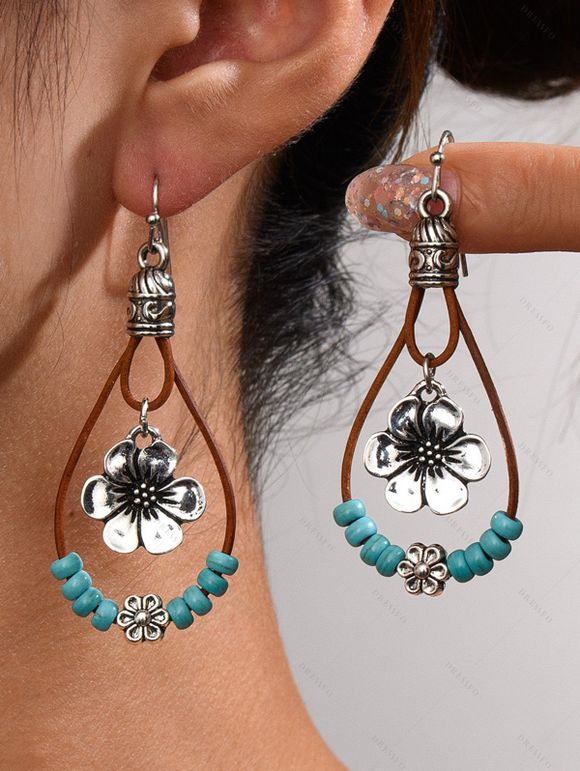 Boucles D'Oreilles Pendantes en Alliage Motif Floral et Turquoise Fantaisie à Sculpture Creuse Style Vintage - multicolor A 
