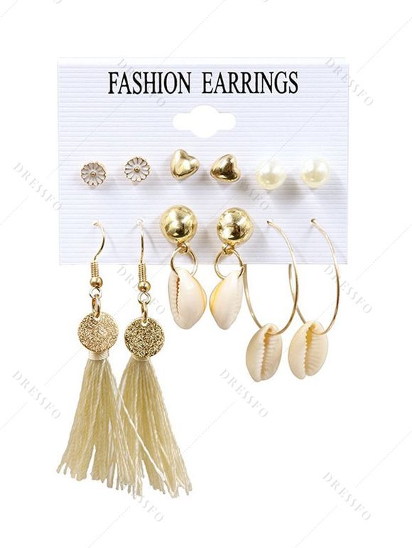 Boucles D'Oreilles Lune Cœur Coquille Imprimés en Fausse Perle à Frange Style Bohémien 6 Paires - multicolor A 