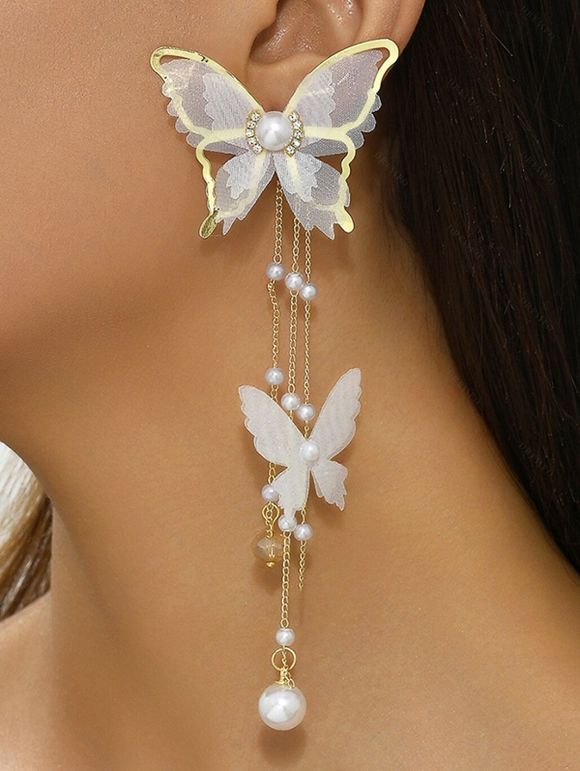 Boucles D'Oreilles Pendantes en Alliage Motif Papillon en Perles Fantaisies et Strass - Blanc 