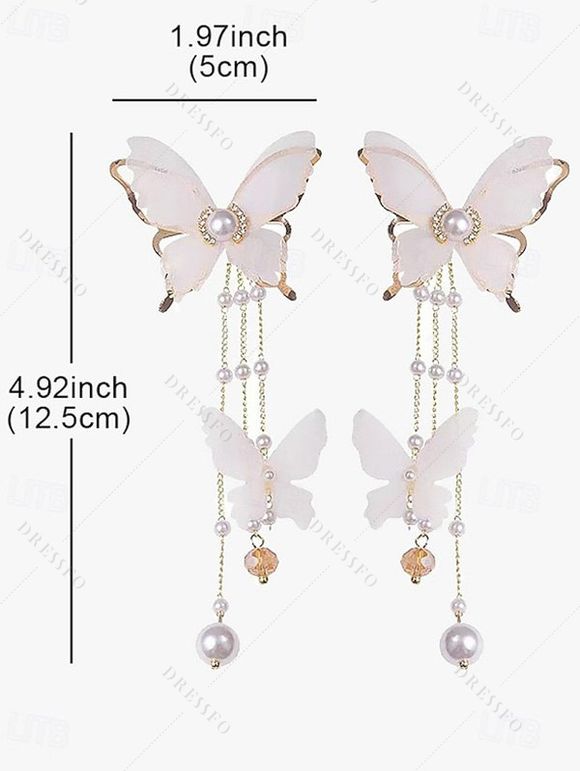 Boucles D'Oreilles Pendantes en Alliage Motif Papillon en Perles Fantaisies et Strass - Blanc 