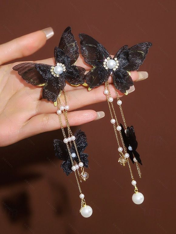 Boucles D'Oreilles Pendantes en Alliage Motif Papillon en Perles Fantaisies et Strass - Noir 