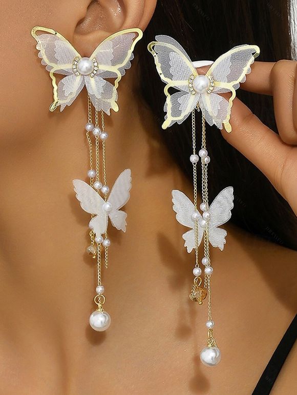 Boucles D'Oreilles Pendantes en Alliage Motif Papillon en Perles Fantaisies et Strass - Blanc 
