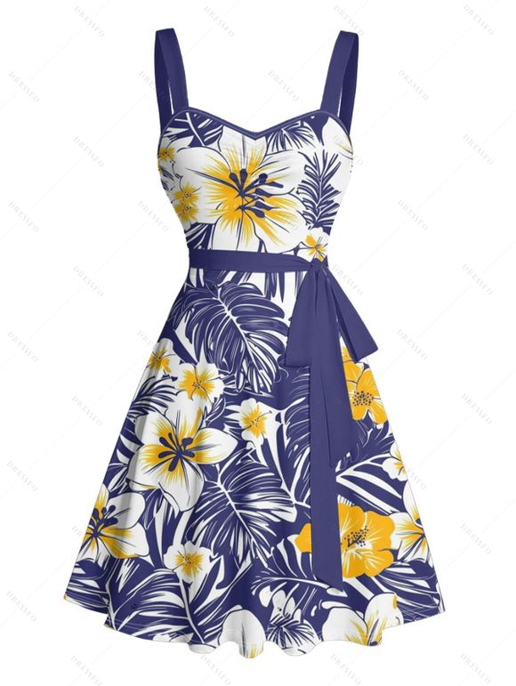 Vacation Couple Outfit Allover Tropical Leaf Hibiscus Floral Pattern Ruched Bust Belt A Line Mini Dress and Roll Up Sleeve Shirt Casual Matching Outfit - Bleu profond S | US 4