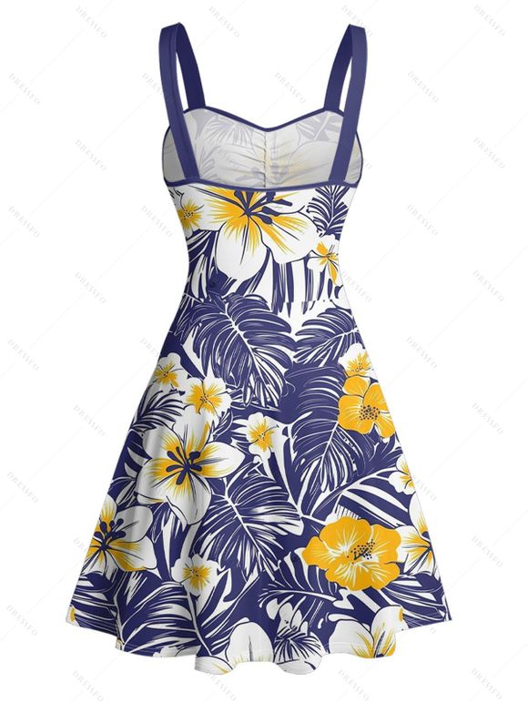 Vacation Couple Outfit Allover Tropical Leaf Hibiscus Floral Pattern Ruched Bust Belt A Line Mini Dress and Roll Up Sleeve Shirt Casual Matching Outfit - Bleu profond S | US 4