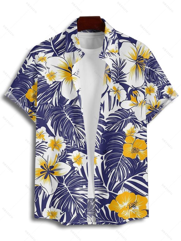 Vacation Couple Outfit Allover Tropical Leaf Hibiscus Floral Pattern Ruched Bust Belt A Line Mini Dress and Roll Up Sleeve Shirt Casual Matching Outfit - Bleu profond S | US 4