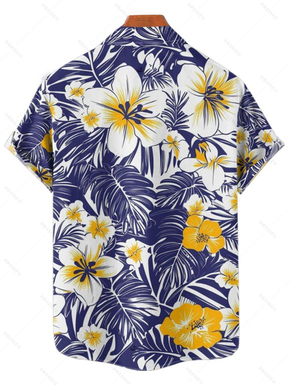 Vacation Couple Outfit Allover Tropical Leaf Hibiscus Floral Pattern Ruched Bust Belt A Line Mini Dress and Roll Up Sleeve Shirt Casual Matching Outfit - Bleu profond S | US 4