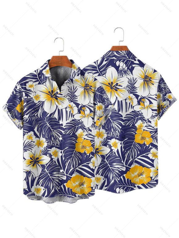 Vacation Couple Outfit Allover Tropical Leaf Hibiscus Floral Pattern Ruched Bust Belt A Line Mini Dress and Roll Up Sleeve Shirt Casual Matching Outfit - Bleu profond S | US 4