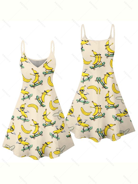 Robe Mini Bracelet Simples Amusant avec Bride Spaghetti et à Col en V Motif Banane pour Vacances - Beige XL | US 12