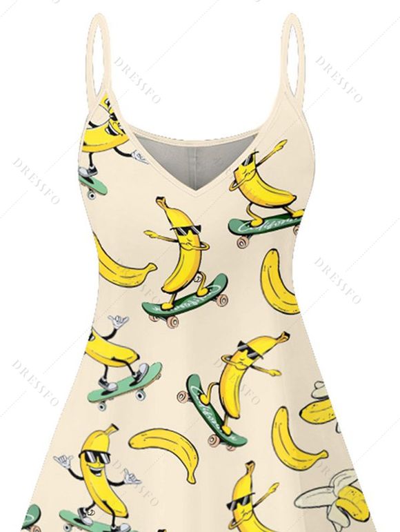 Robe Mini Bracelet Simples Amusant avec Bride Spaghetti et à Col en V Motif Banane pour Vacances - Beige XL | US 12