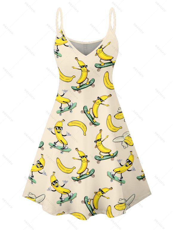 Vacation Couple Outfit Funny Banana with Sunglasses Ripstik Pattern Spaghetti Strap V Neck A Line Mini Tank Dress and Roll Up Sleeve Shirt Casual Matching Outfit - Beige S | US 4