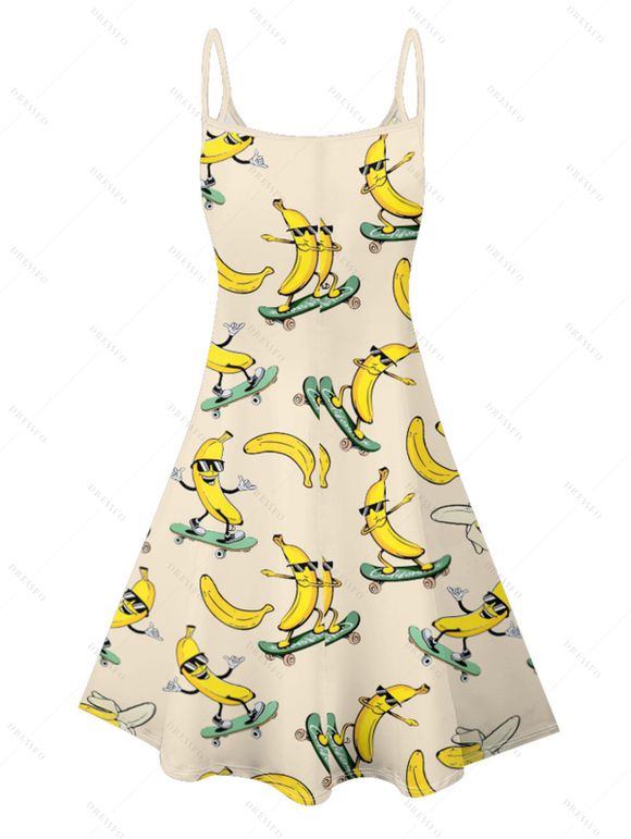 Vacation Couple Outfit Funny Banana with Sunglasses Ripstik Pattern Spaghetti Strap V Neck A Line Mini Tank Dress and Roll Up Sleeve Shirt Casual Matching Outfit - Beige S | US 4