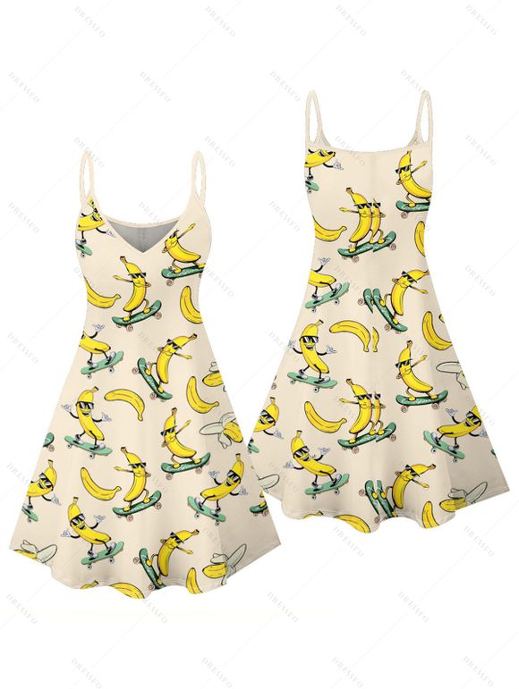 Vacation Couple Outfit Funny Banana with Sunglasses Ripstik Pattern Spaghetti Strap V Neck A Line Mini Tank Dress and Roll Up Sleeve Shirt Casual Matching Outfit - Beige S | US 4