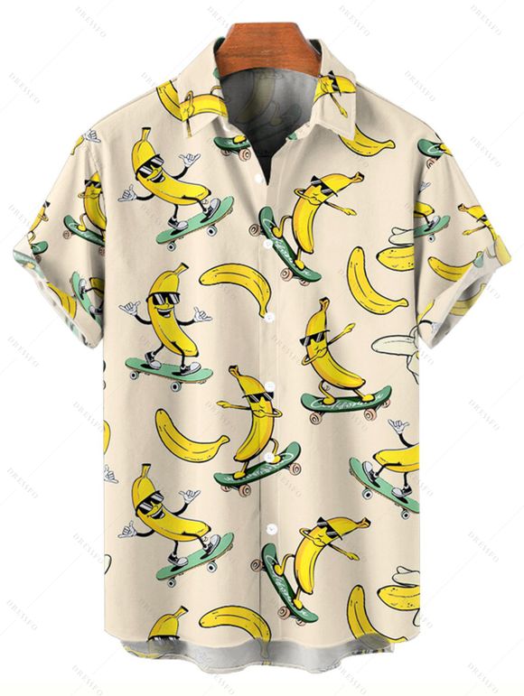 Vacation Couple Outfit Funny Banana with Sunglasses Ripstik Pattern Spaghetti Strap V Neck A Line Mini Tank Dress and Roll Up Sleeve Shirt Casual Matching Outfit - Beige S | US 4