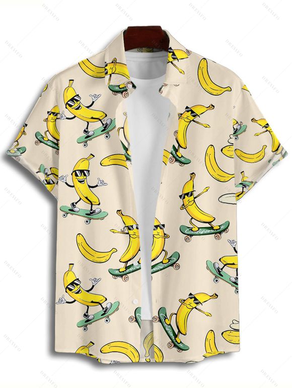 Vacation Couple Outfit Funny Banana with Sunglasses Ripstik Pattern Spaghetti Strap V Neck A Line Mini Tank Dress and Roll Up Sleeve Shirt Casual Matching Outfit - Beige S | US 4