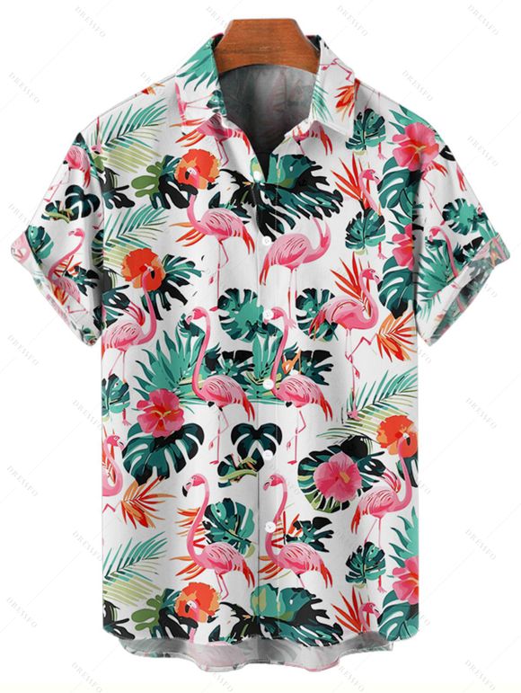 Men's Allover Flamingo Leaf Pattern Vacation Shirt Roll Up Short Sleeve Button Up Casual Shirt - multicolor 2XL