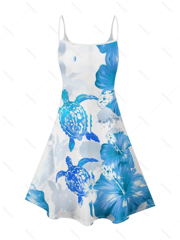 Mini Robe Ligne A Motif de Fleur D'Hibiscus à Bretelle Fine - Bleu XXXL | US 16