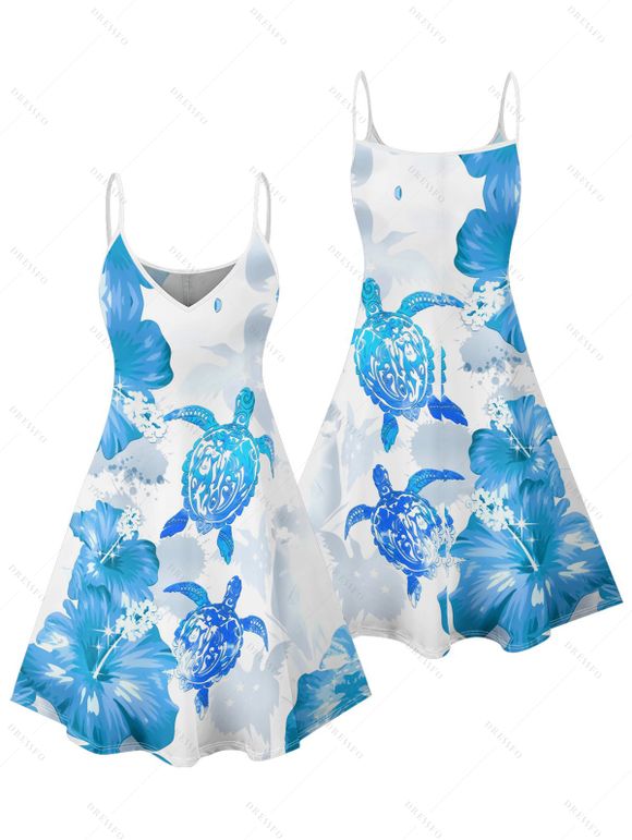 Mini Robe Ligne A Motif de Fleur D'Hibiscus à Bretelle Fine - Bleu XXXL | US 16