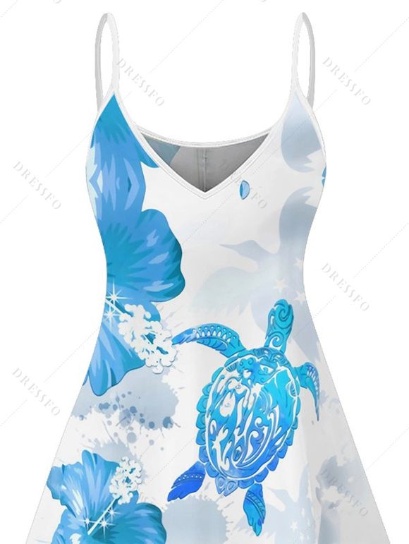 Mini Robe Ligne A Motif de Fleur D'Hibiscus à Bretelle Fine - Bleu XXXL | US 16