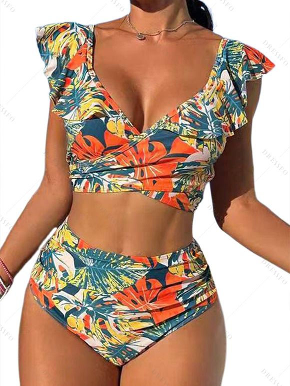 Maillot de Bain Tankini Croisé Motif de Feuille Tropicale à Taille Haute à Volants Deux Pièces - Vert clair M | US 6