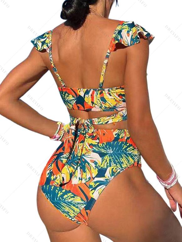 Maillot de Bain Tankini Croisé Motif de Feuille Tropicale à Taille Haute à Volants Deux Pièces - Vert clair M | US 6