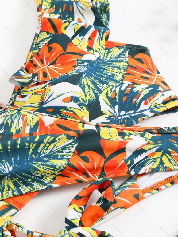 Maillot de Bain Tankini Croisé Motif de Feuille Tropicale à Taille Haute à Volants Deux Pièces - Vert clair M | US 6