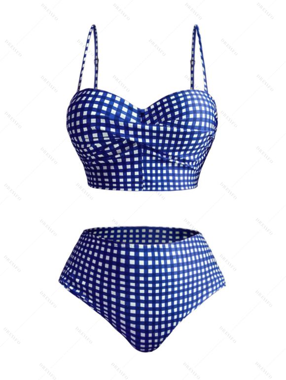 Plaid Pattern Twisted Adjustable Spaghetti Strap Beach Tankini Swimsuit High Waisted Briefs Vacation Two Piece Swimwear - BLUE S | US 4