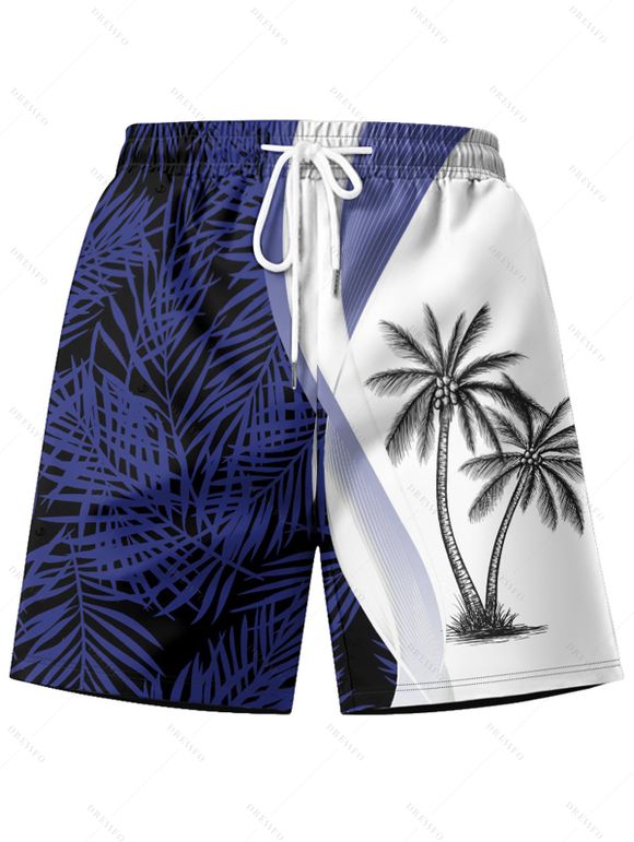 Short de Plage Arbre de Noix de Coco Imprimé à Taille Elastique pour Homme - Bleu 2XL