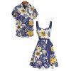 Vacation Couple Outfit Allover Tropical Leaf Hibiscus Floral Pattern Ruched Bust Belt A Line Mini Dress and Roll Up Sleeve Shirt Casual Matching Outfit - Bleu profond S | US 4