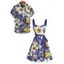 Vacation Couple Outfit Allover Tropical Leaf Hibiscus Floral Pattern Ruched Bust Belt A Line Mini Dress and Roll Up Sleeve Shirt Casual Matching Outfit - Bleu profond S | US 4