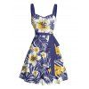 Vacation Couple Outfit Allover Tropical Leaf Hibiscus Floral Pattern Ruched Bust Belt A Line Mini Dress and Roll Up Sleeve Shirt Casual Matching Outfit - Bleu profond S | US 4